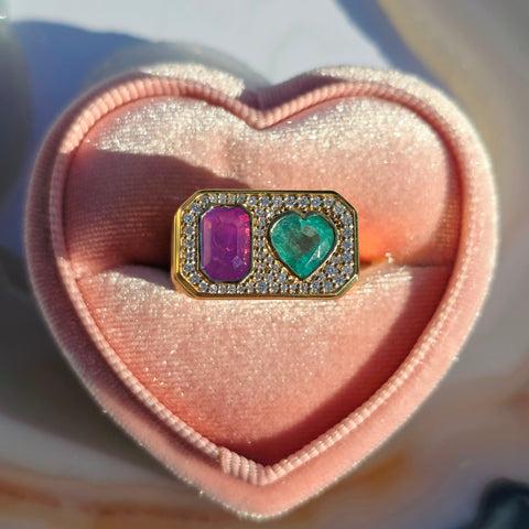 Duality Ring | Purple Sapphire, Zambian Emerald, Natural Diamonds Size 7 | Indulgems