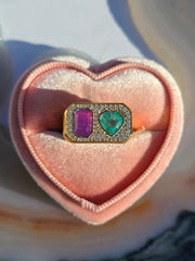 Duality Ring | Purple Sapphire, Zambian Emerald, Natural Diamonds Size 7 | Indulgems