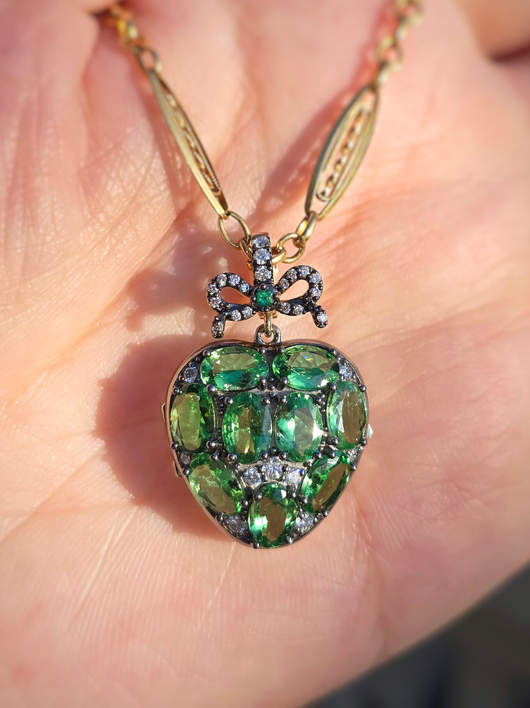 14k Yellow Gold & Platinum Tsavorite Garnet Diamond Baby Heart Locket Pendant | Indulgems
