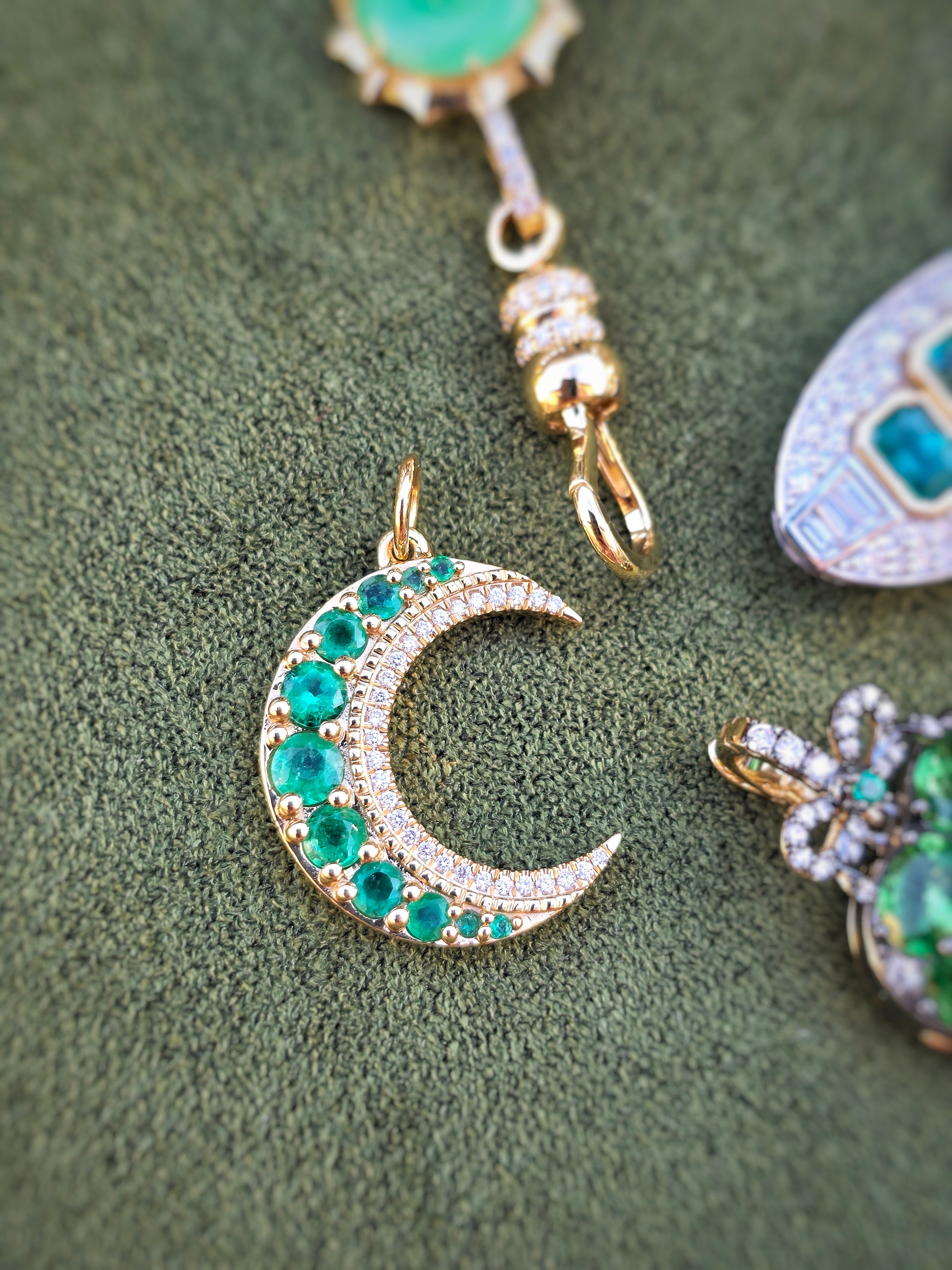 14k Yellow Gold Zambian Emerald & Diamond Crescent Moon Pendant | Indulgems