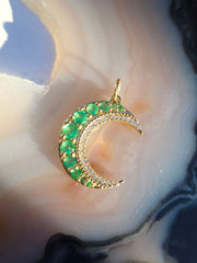 14k Yellow Gold Zambian Emerald & Diamond Crescent Moon Pendant | Indulgems