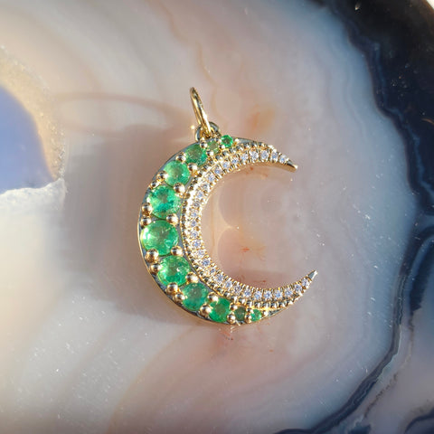 14k Yellow Gold Zambian Emerald & Diamond Crescent Moon Pendant | Indulgems