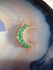 14k Yellow Gold Zambian Emerald & Diamond Crescent Moon Pendant | Indulgems