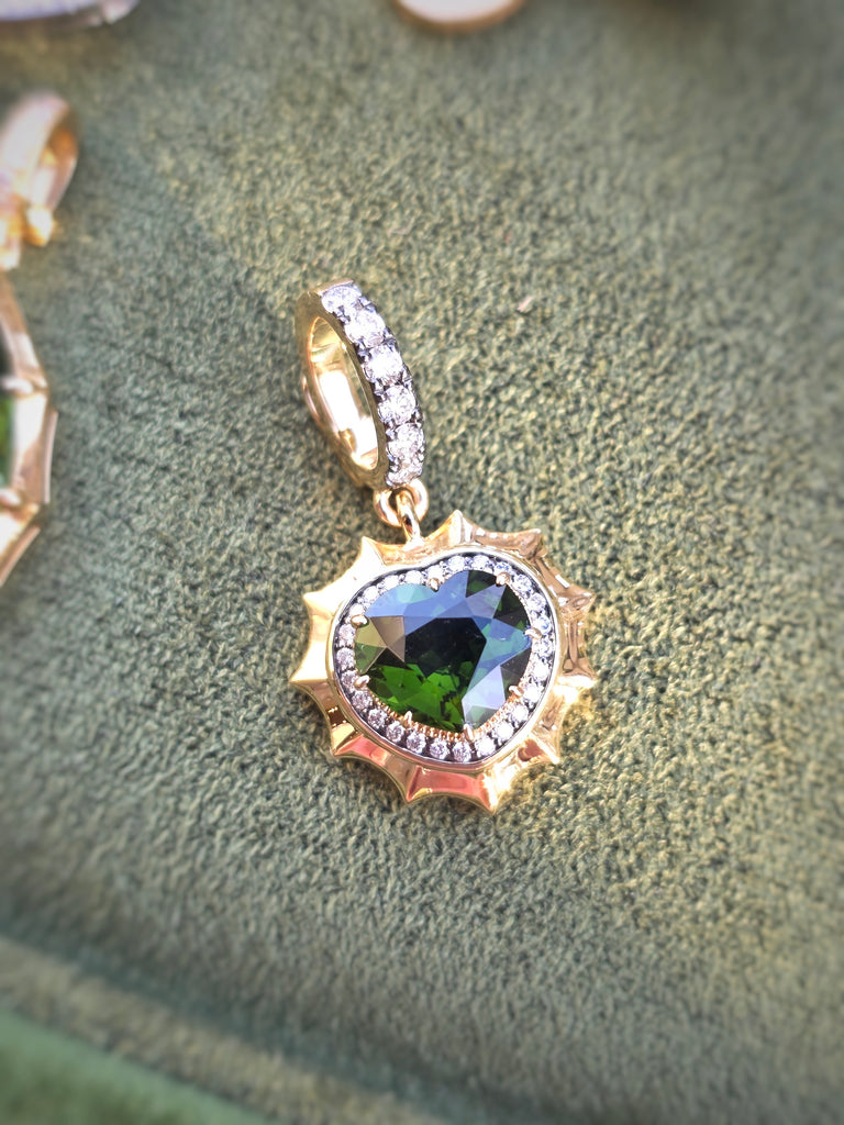 Aurora Halo Green Tourmaline Heart Pendant in 14K Gold | Indulgems