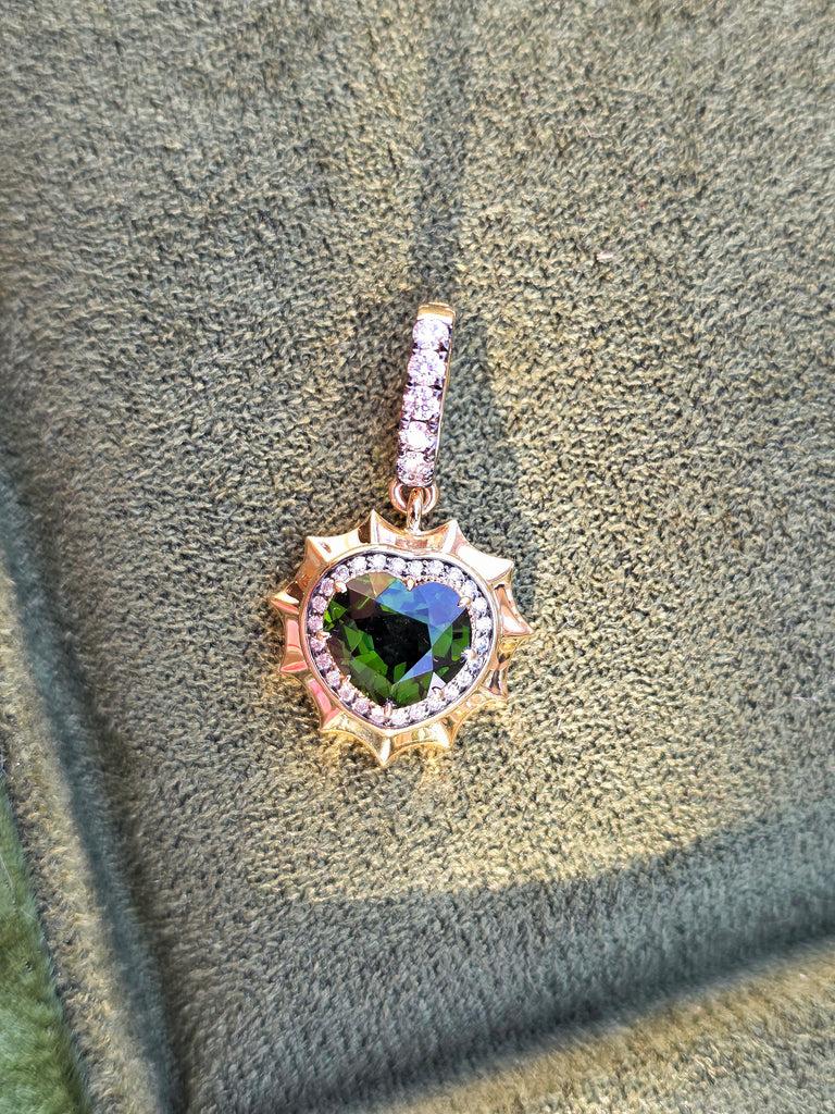 Aurora Halo Green Tourmaline Heart Pendant in 14K Gold | Indulgems