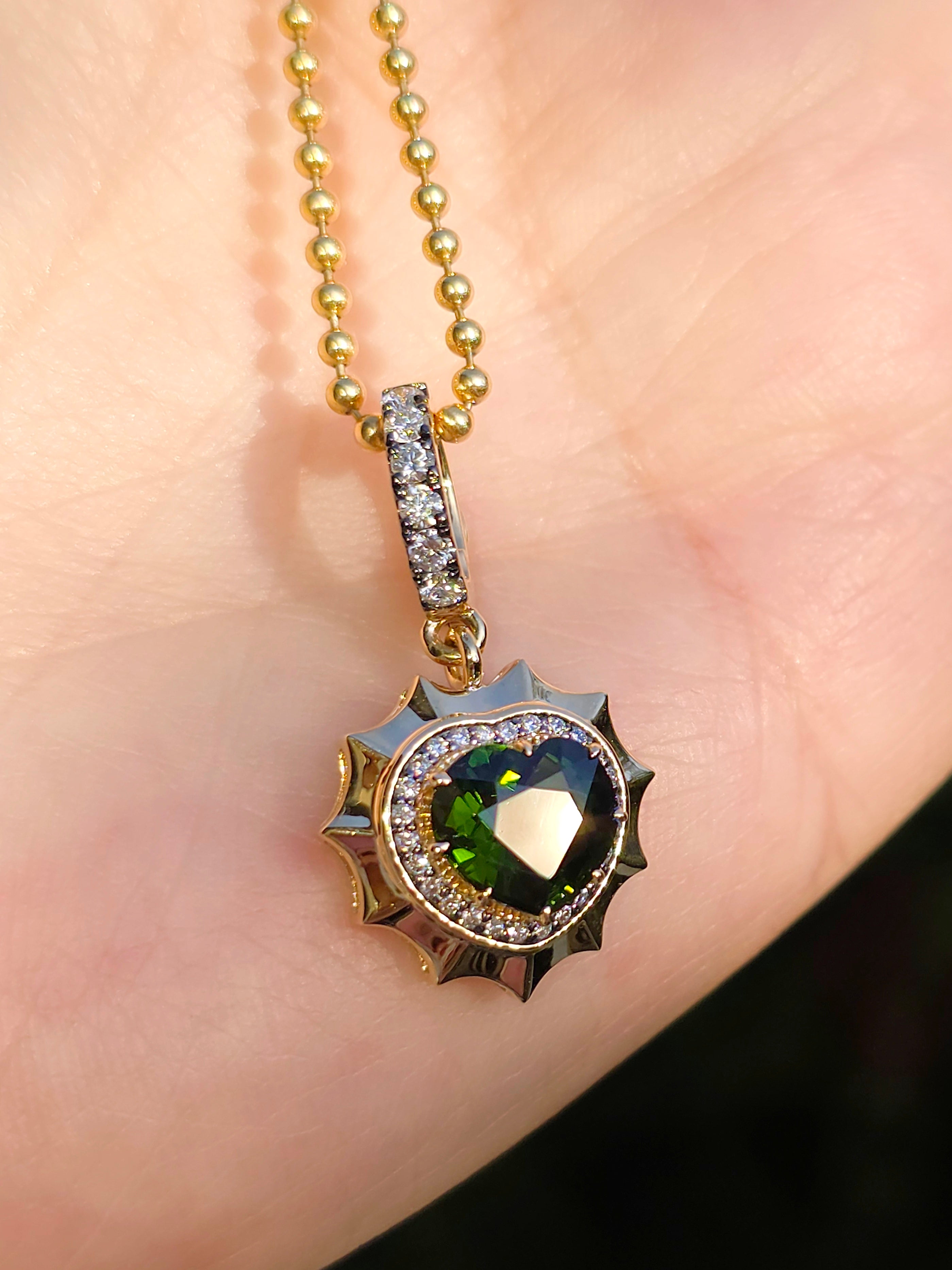 Aurora Halo Green Tourmaline Heart Pendant in 14K Gold | Indulgems