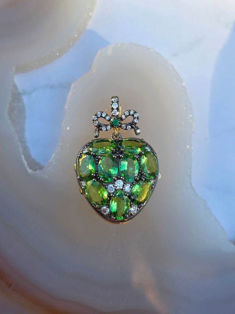 14k Yellow Gold & Platinum Tsavorite Garnet Diamond Baby Heart Locket Pendant | Indulgems
