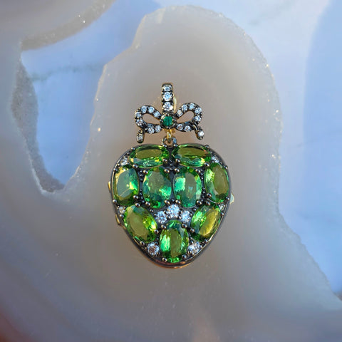 14k Yellow Gold & Platinum Tsavorite Garnet Diamond Baby Heart Locket Pendant | Indulgems