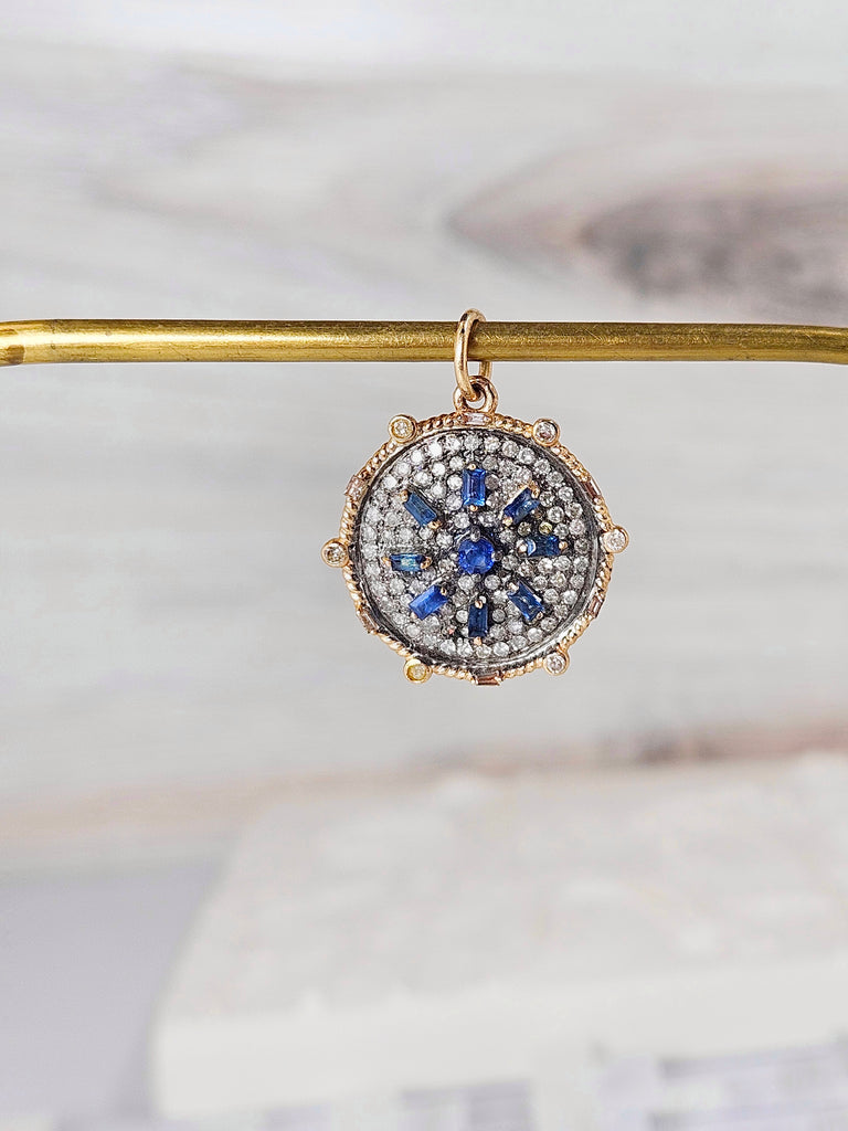 14K Yellow Gold & Oxidized Sterling Silver Disc Pendant with Blue Sapphire and Diamond | Indulgems | Designs in Real Gold