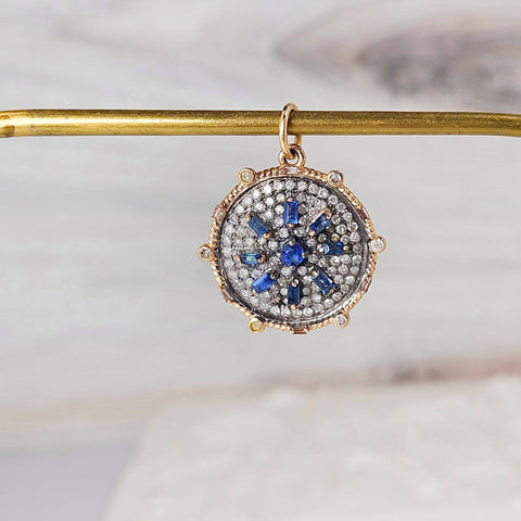 14K Yellow Gold & Oxidized Sterling Silver Disc Pendant with Blue Sapphire and Diamond | Indulgems | Designs in Real Gold