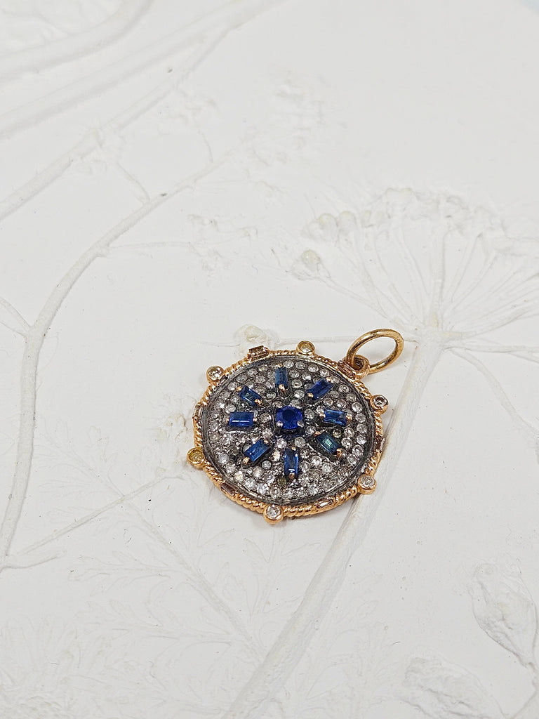 14K Yellow Gold & Oxidized Sterling Silver Disc Pendant with Blue Sapphire and Diamond | Indulgems | Designs in Real Gold