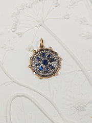 14K Yellow Gold & Oxidized Sterling Silver Disc Pendant with Blue Sapphire and Diamond | Indulgems | Designs in Real Gold