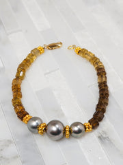 Cognac Quartz Gemstone and Tahitian Pearl 18K Gold Bracelet