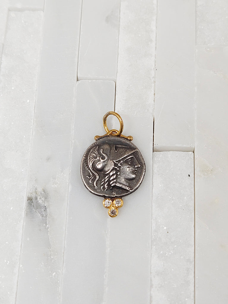 24K Gold Pendant with Diamond & Sterling Silver - Athena Wisdom Goddess