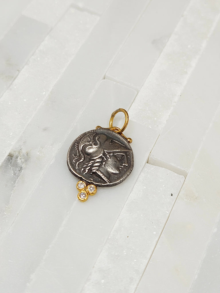 24K Gold Pendant with Diamond & Sterling Silver - Athena Wisdom Goddess