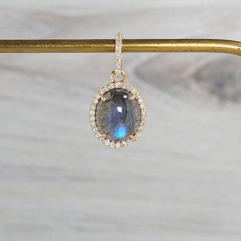Blue Labradorite Diamond Halo Gemstone 18K Gold Pendant Charm