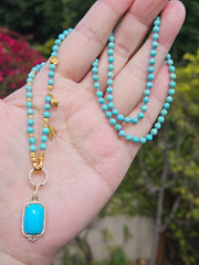 Genuine Natural Top Quality Turquoise Gemstone Beaded Necklace 18K Gold Charm Open Loop