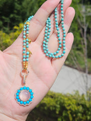Genuine Natural Top Quality Turquoise Gemstone Beaded Necklace 18K Gold Charm Open Loop