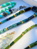 18k Solid Gold- Green Tourmaline Cylinder Gemstone Bead, Blue Enamel Diamond Etruscan Cross Charm Necklace