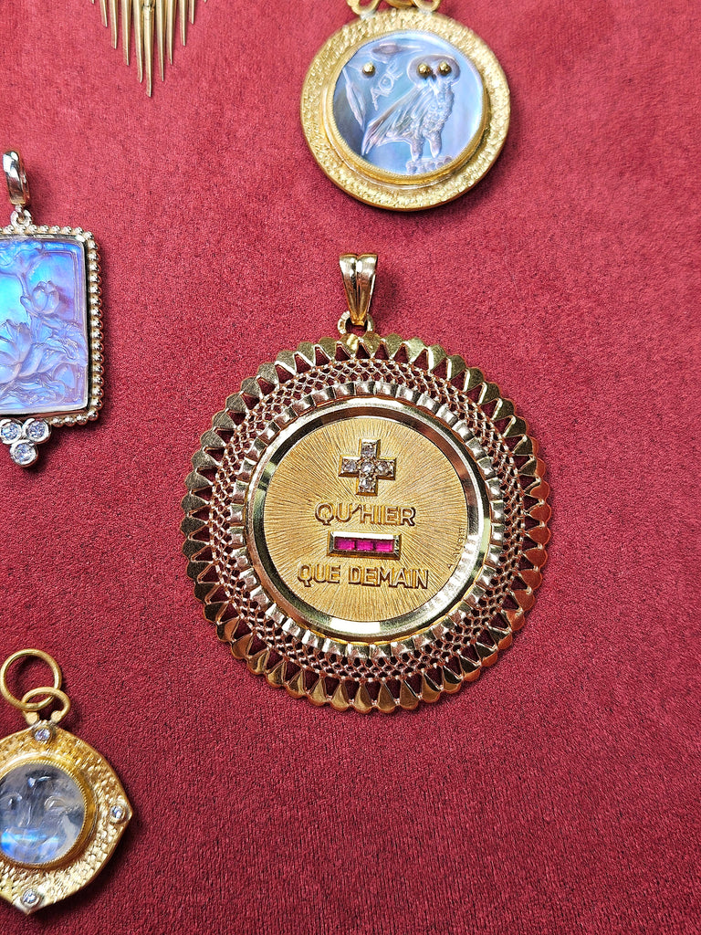 18K Yellow Gold RARE! EXTRA LARGE AUGIS Medallion Pendant with Ruby & Diamond | Antique Jewelry | Indulgems | Designs in Real Gold