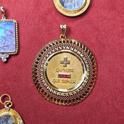 18K Yellow Gold RARE! EXTRA LARGE AUGIS Medallion Pendant with Ruby & Diamond | Antique Jewelry | Indulgems | Designs in Real Gold