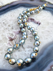 18K Solid Gold Natural Silver Tahitian Pearl Necklace with Small Flowers, Diamonds & Antique inspired Hand Fist Clasp 18"