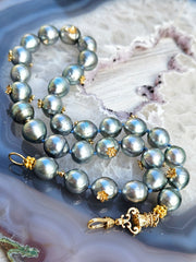 18K Solid Gold Natural Silver Tahitian Pearl Necklace with Small Flowers, Diamonds & Antique inspired Hand Fist Clasp 18"