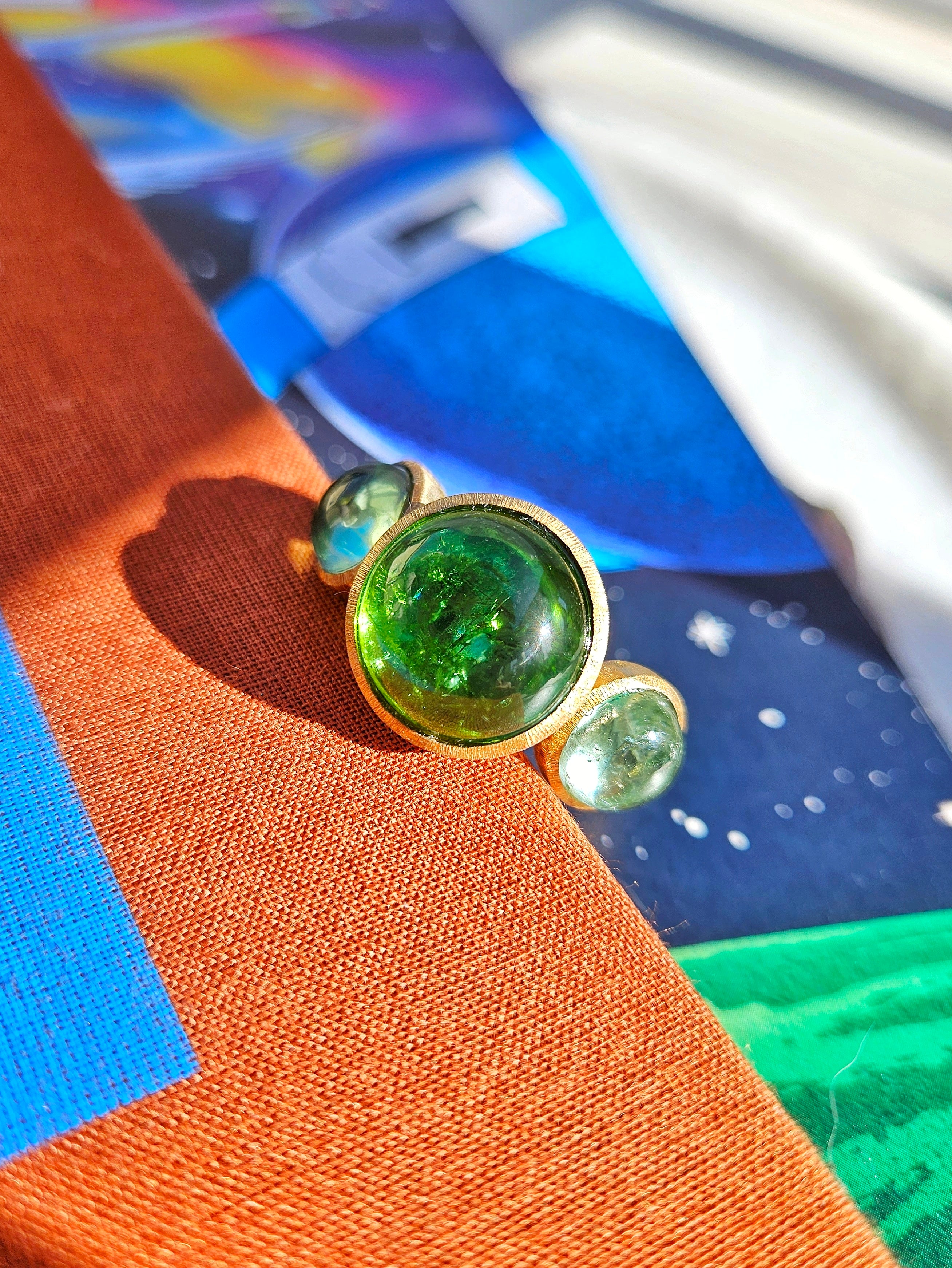 18k Solid Gold Green Tourmaline 3-STONE Cabochon Ring | Resonance Collection | Indulgems