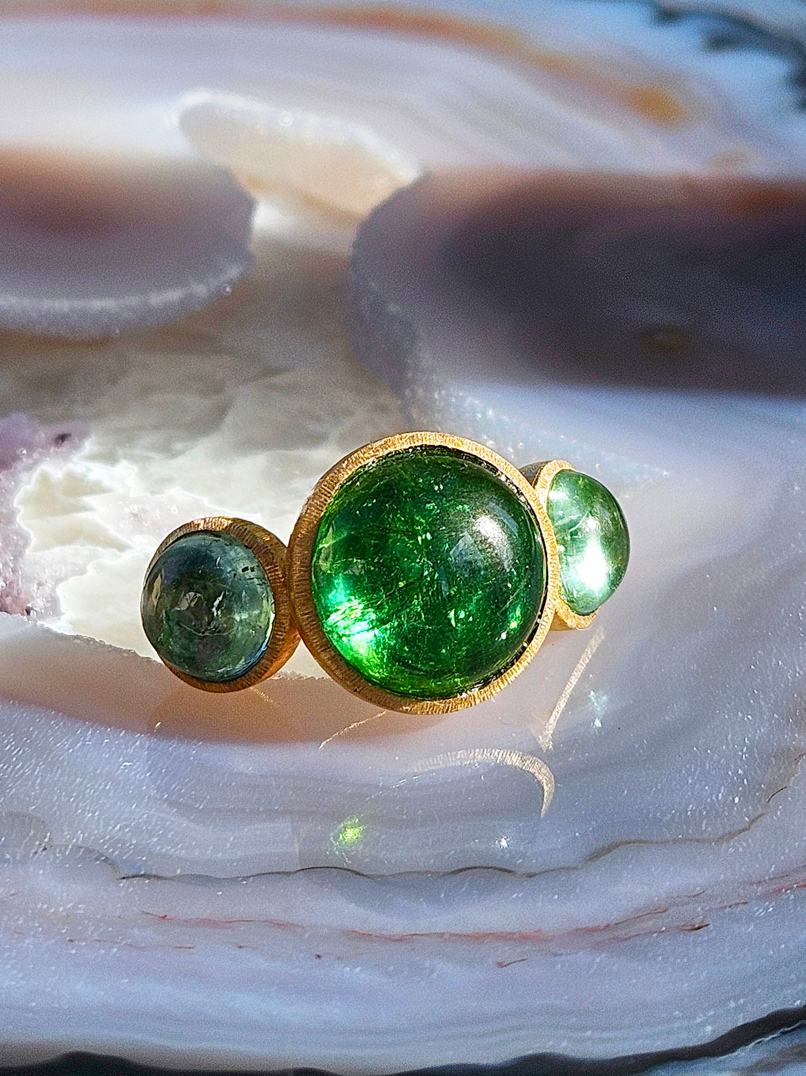 18k Solid Gold Green Tourmaline 3-STONE Cabochon Ring | Resonance Collection | Indulgems