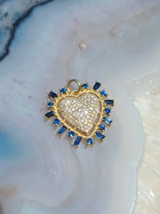 Blue Sapphire, Diamond Pave Heart Gemstone 14K Yellow Gold Pendant Charm