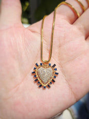Blue Sapphire, Diamond Pave Heart Gemstone 14K Yellow Gold Pendant Charm