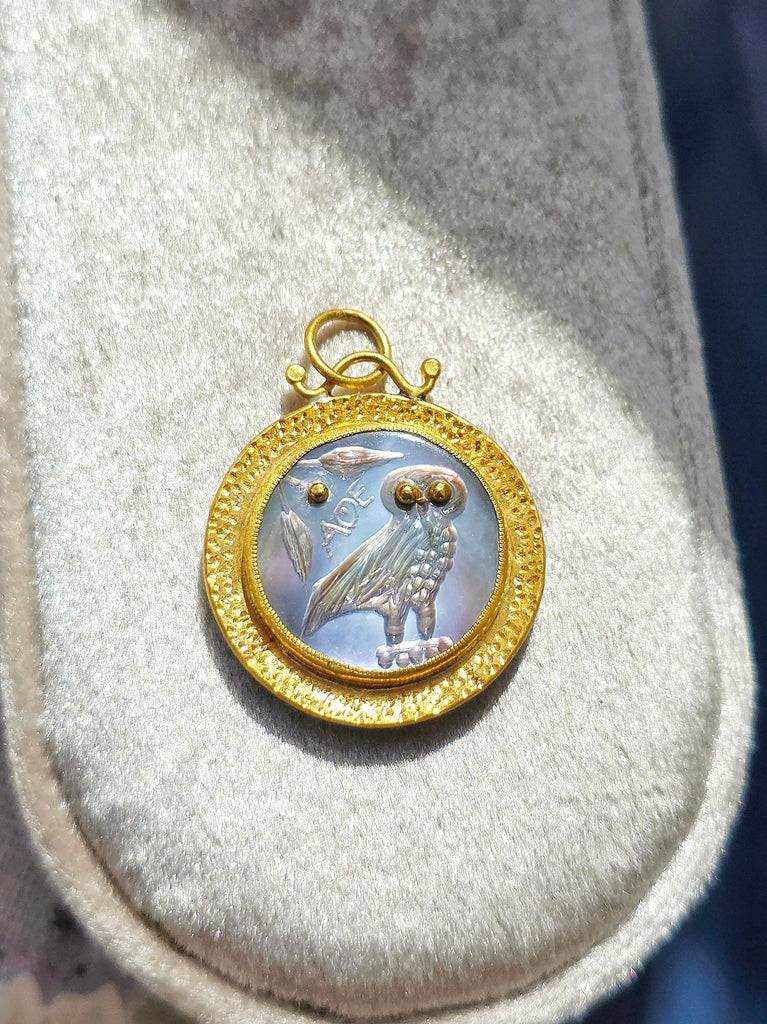 24K Gold Mother of Pearl Pendant with Silver - Owl of Athena