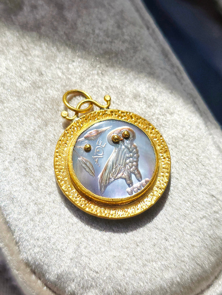 24K Gold Mother of Pearl Pendant with Silver - Owl of Athena