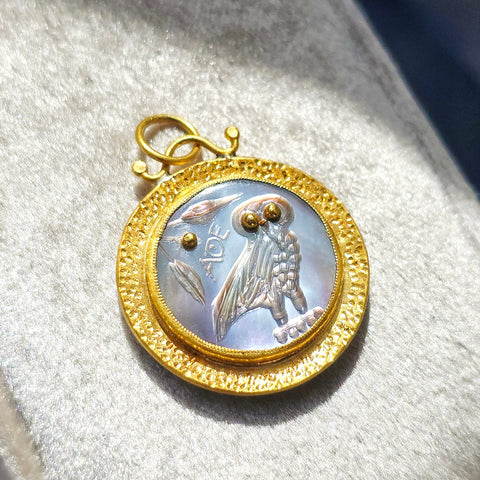 24K Gold Mother of Pearl Pendant with Silver - Owl of Athena