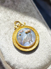 24K Gold Mother of Pearl Pendant with Silver - Owl of Athena