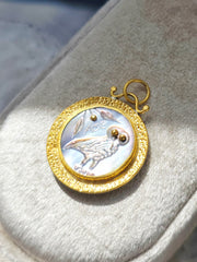 24K Gold Mother of Pearl Pendant with Silver - Owl of Athena