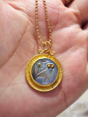 24K Gold Mother of Pearl Pendant with Silver - Owl of Athena