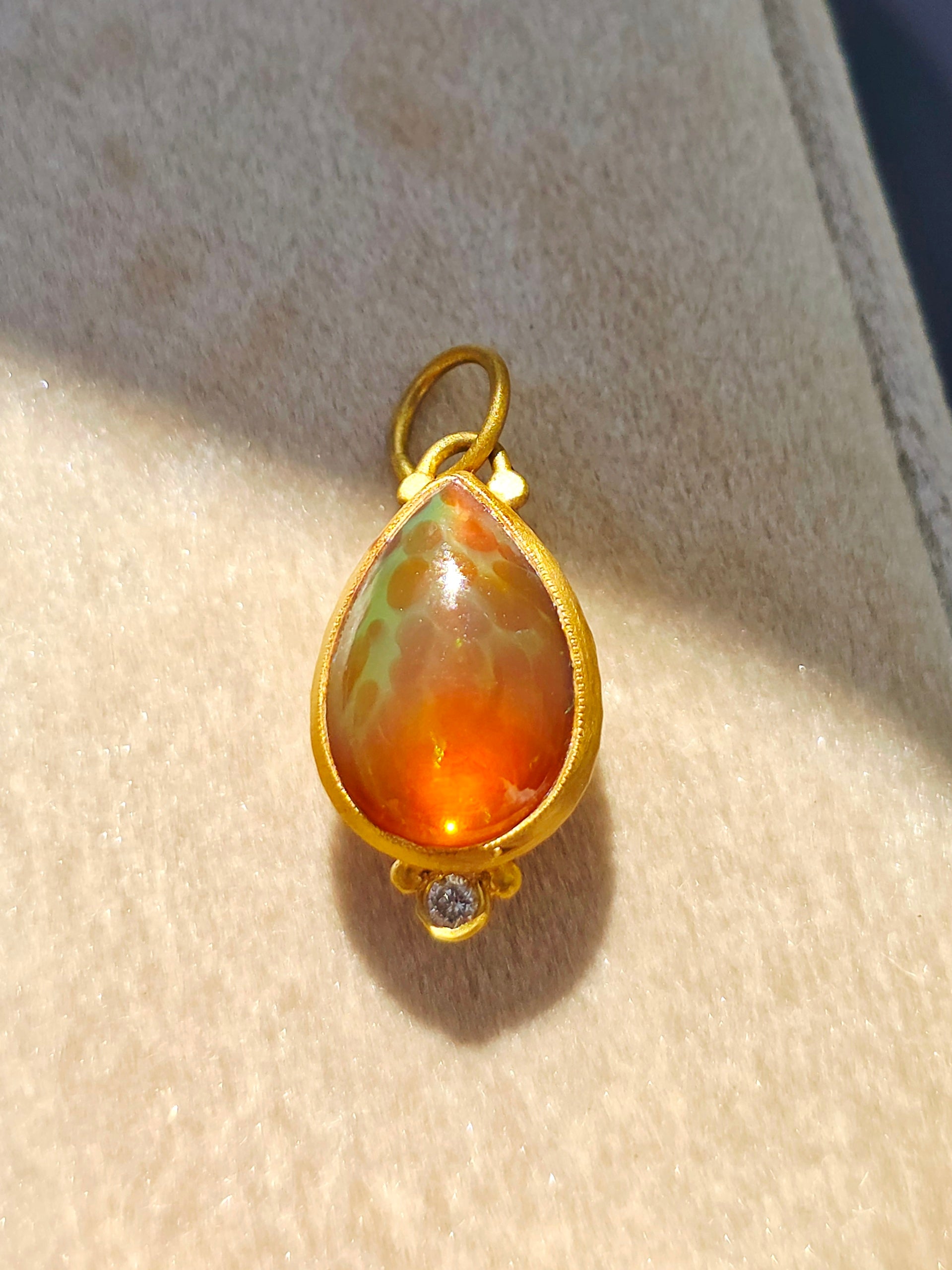 24K Gold Mexican Fire Opal Pendant with Diamond