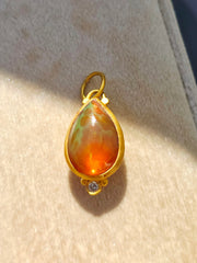 24K Gold Mexican Fire Opal Pendant with Diamond