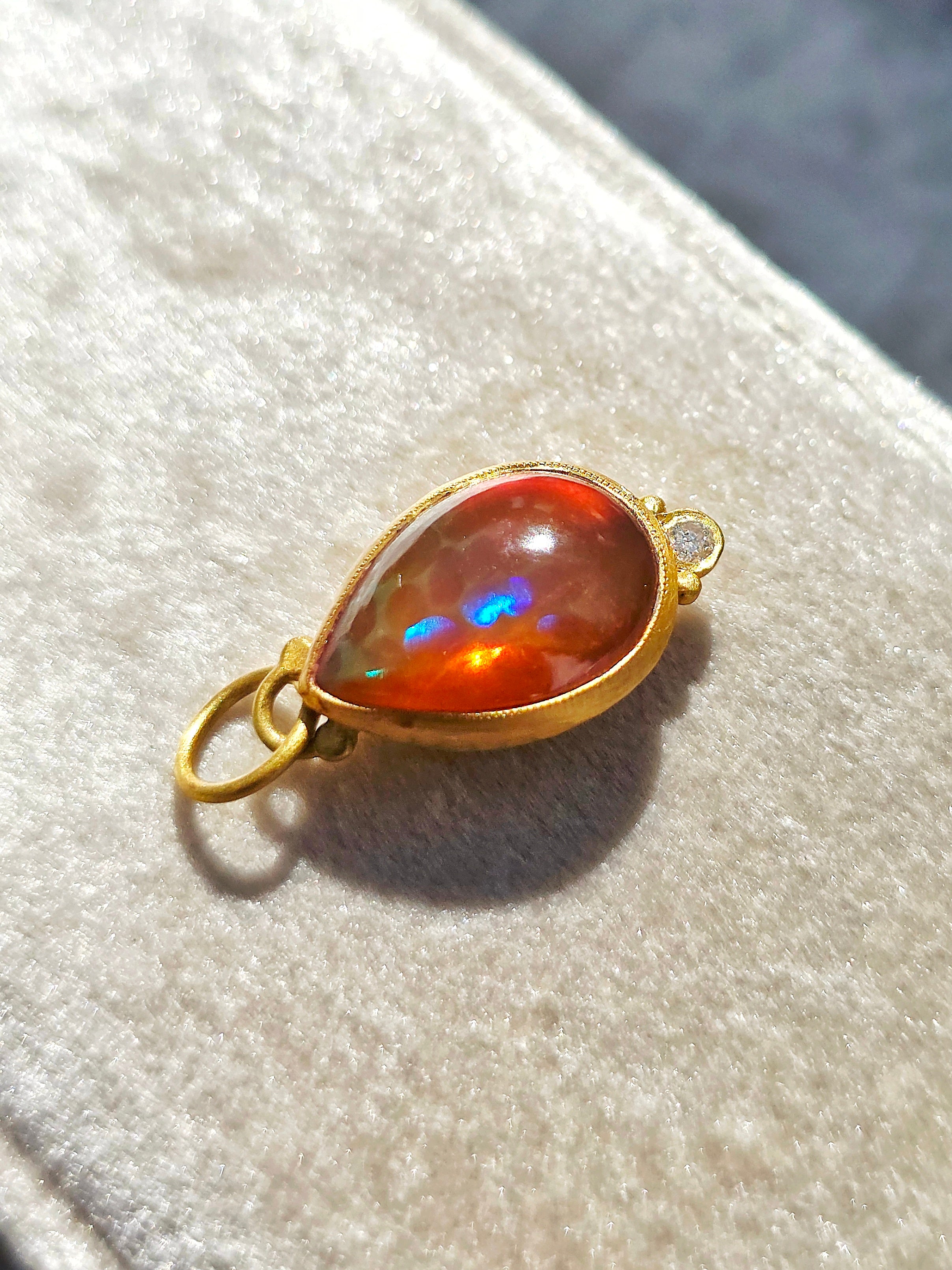 24K Gold Mexican Fire Opal Pendant with Diamond