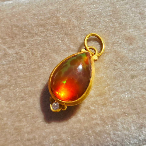 24K Gold Mexican Fire Opal Pendant with Diamond