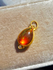 24K Gold Mexican Fire Opal Pendant with Diamond