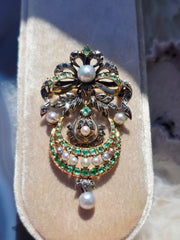 18k Gold & Silver Antique Statement Brooch Pendant with Green Paste, Diamond and Pearls | Indulgems