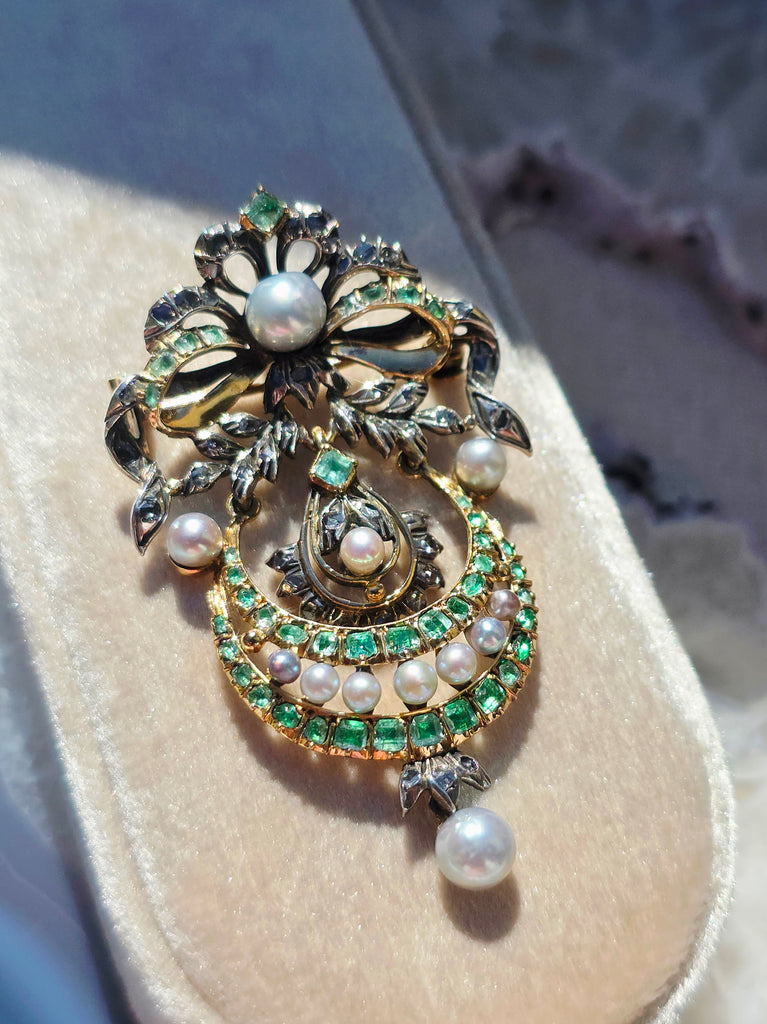 18k Gold & Silver Antique Statement Brooch Pendant with Green Paste, Diamond and Pearls | Indulgems