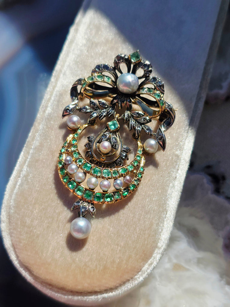 18k Gold & Silver Antique Statement Brooch Pendant with Green Paste, Diamond and Pearls | Indulgems