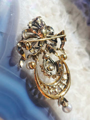 18k Gold & Silver Antique Statement Brooch Pendant with Green Paste, Diamond and Pearls | Indulgems