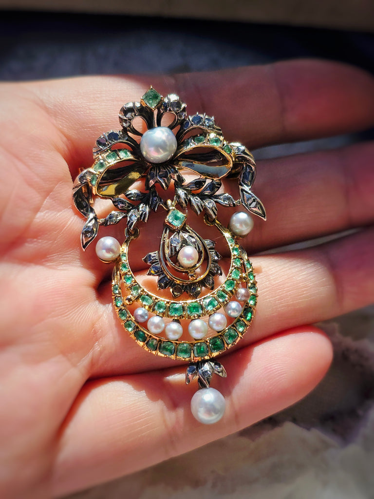 18k Gold & Silver Antique Statement Brooch Pendant with Green Paste, Diamond and Pearls | Indulgems