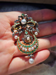 18k Gold & Silver Antique Statement Brooch Pendant with Green Paste, Diamond and Pearls | Indulgems