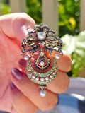 18k Gold & Silver Antique Statement Brooch Pendant with Green Paste, Diamond and Pearls | Indulgems