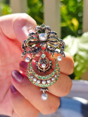 18k Gold & Silver Antique Statement Brooch Pendant with Green Paste, Diamond and Pearls | Indulgems